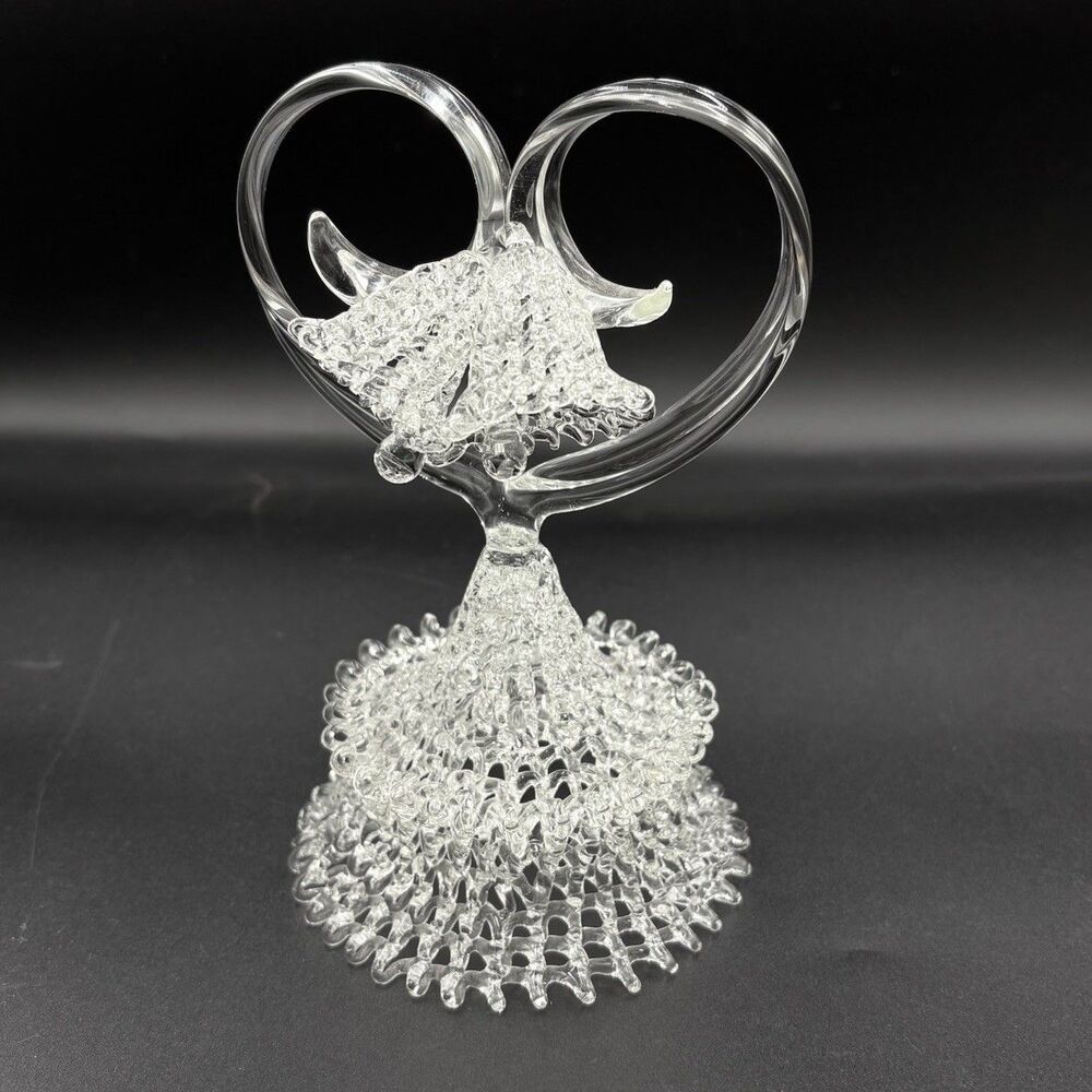 Vintage Hand Blown Ornate Glass Wedding Cake Topper Wedding Bells Heart 7”